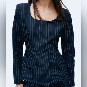 H&M pinstripes Fitted-waist Linen Jacket navy blue/cream JACKET ONLY